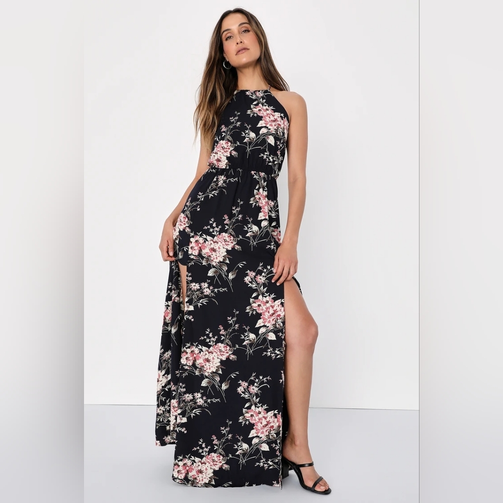 Lulus | Feel the Music Midnight Blue Floral Print Maxi Dress, Medium